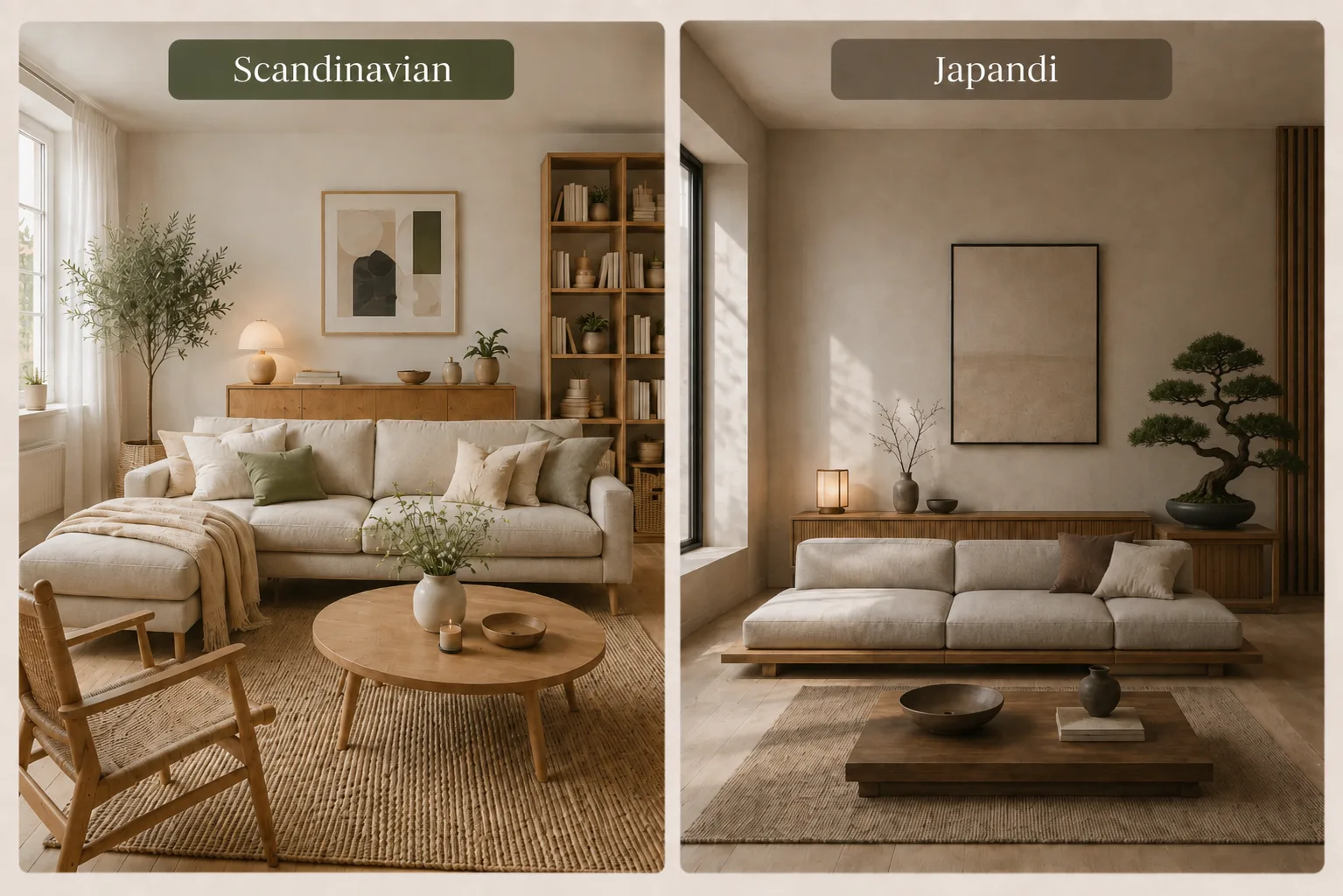 Scandinavian interior design vs Japandi comparison showing differences in color palette, furniture, materials, atmosphere, decor and craftsmanship