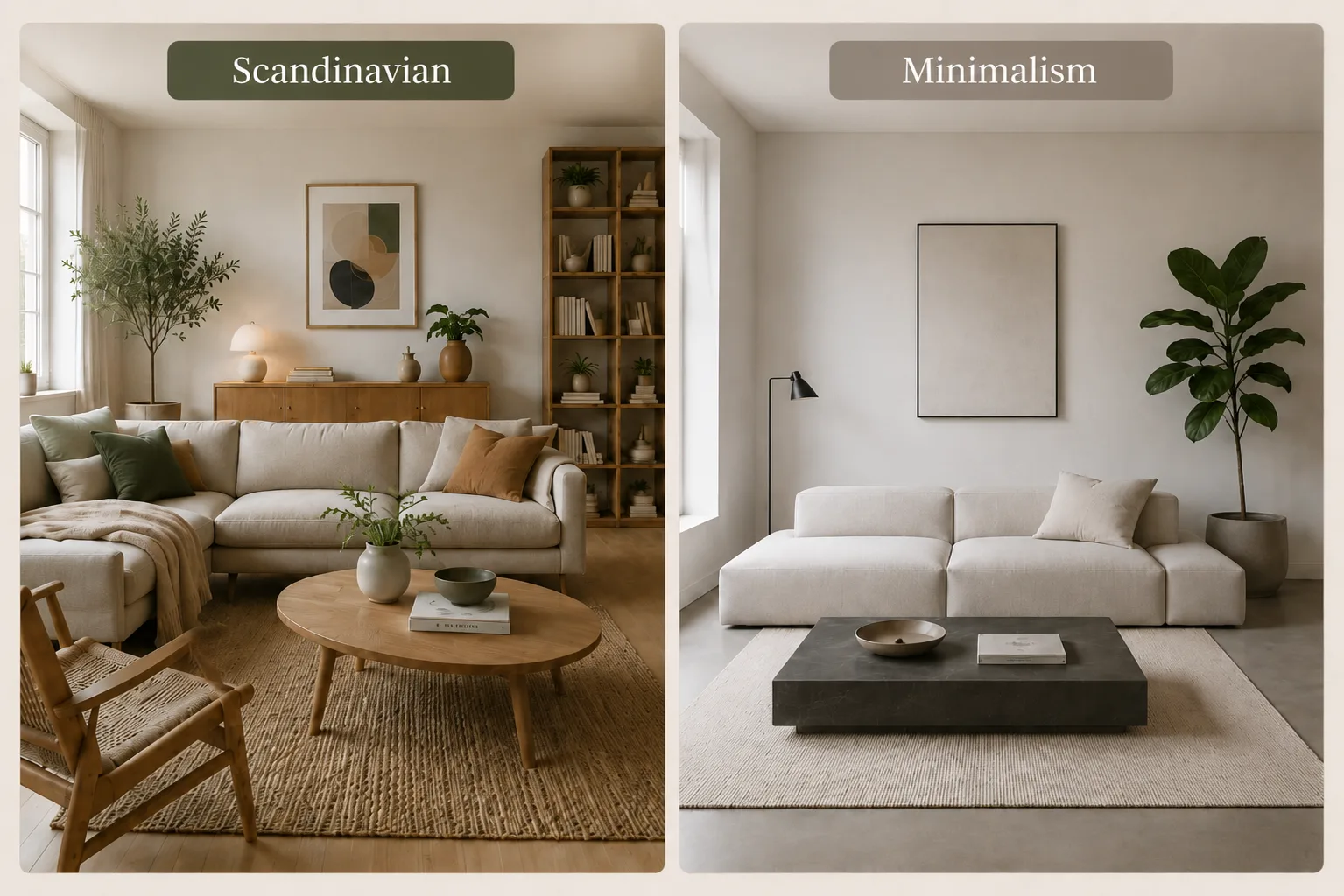Scandinavian interior design vs minimalism comparison showing differences in color palette, atmosphere, materials, decor, textiles, function and comfort