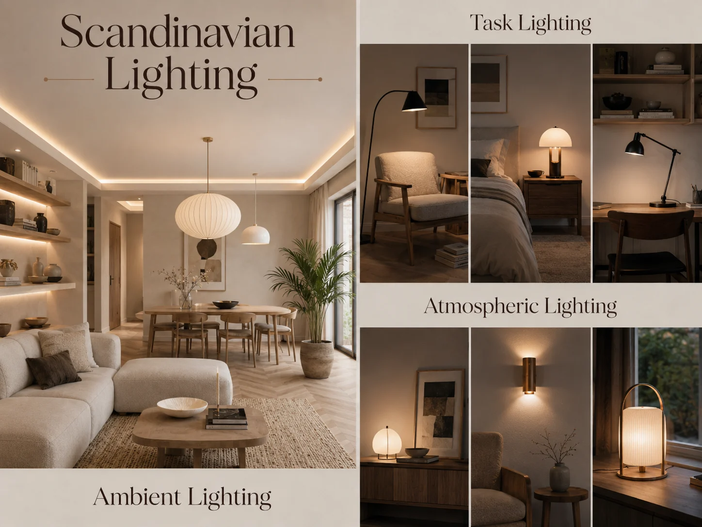 Scandinavian lighting guide showing ambient lighting, task lighting and atmospheric lighting in a warm Nordic-style interior