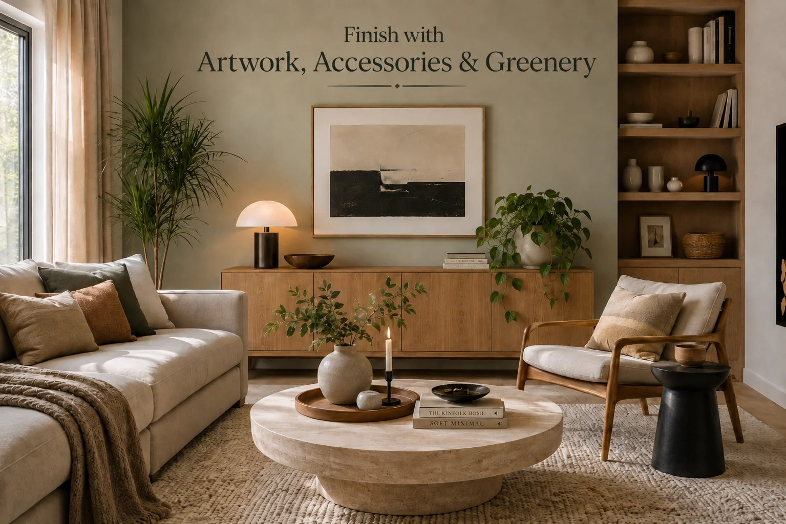 Scandinavian living room styled with artwork, ceramic accessories, coffee table books, candles, pothos plant and Dracaena greenery