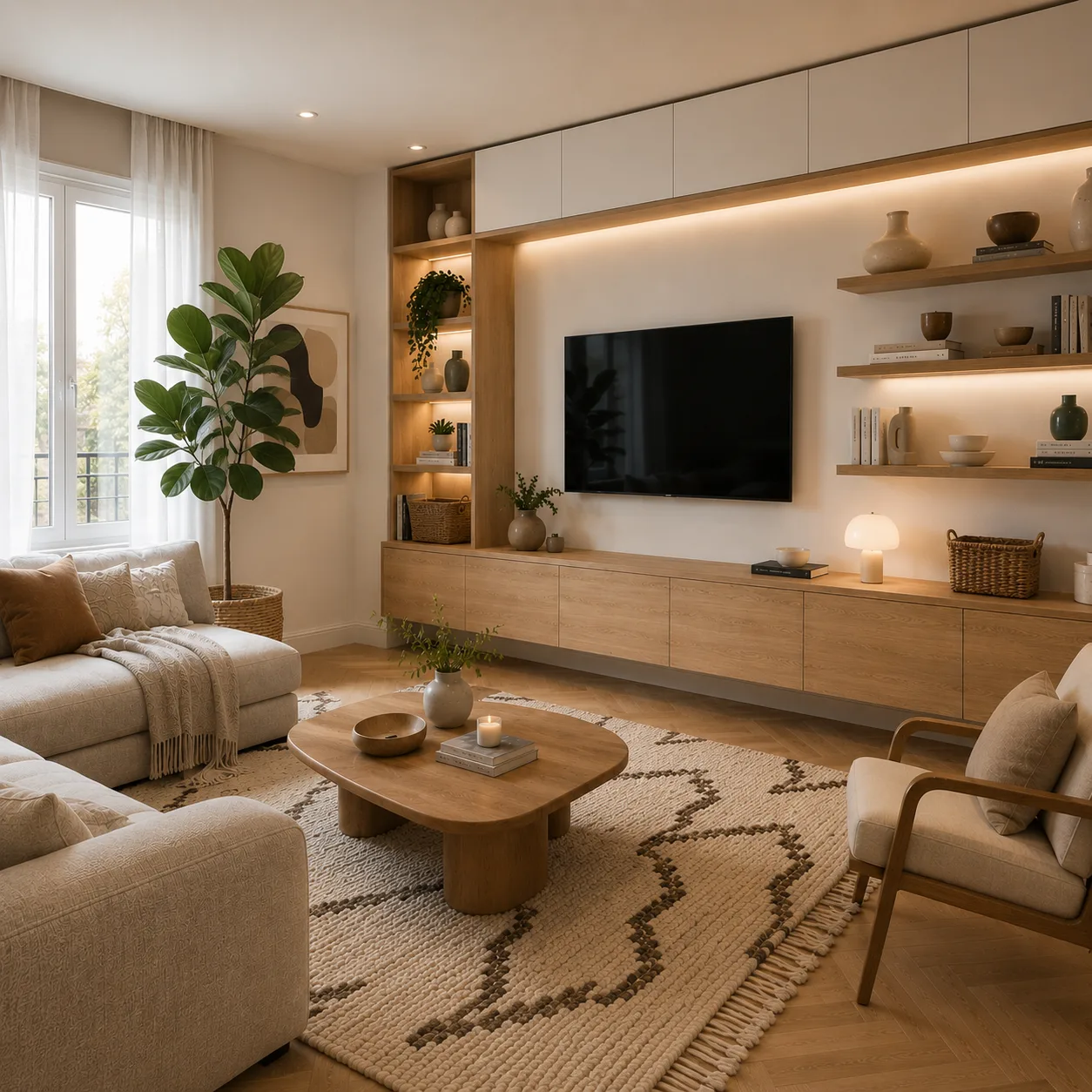 Scandinavian living room with natural stone accents, travertine coffee table, cream sectional sofa, rubber plant and oak furniture