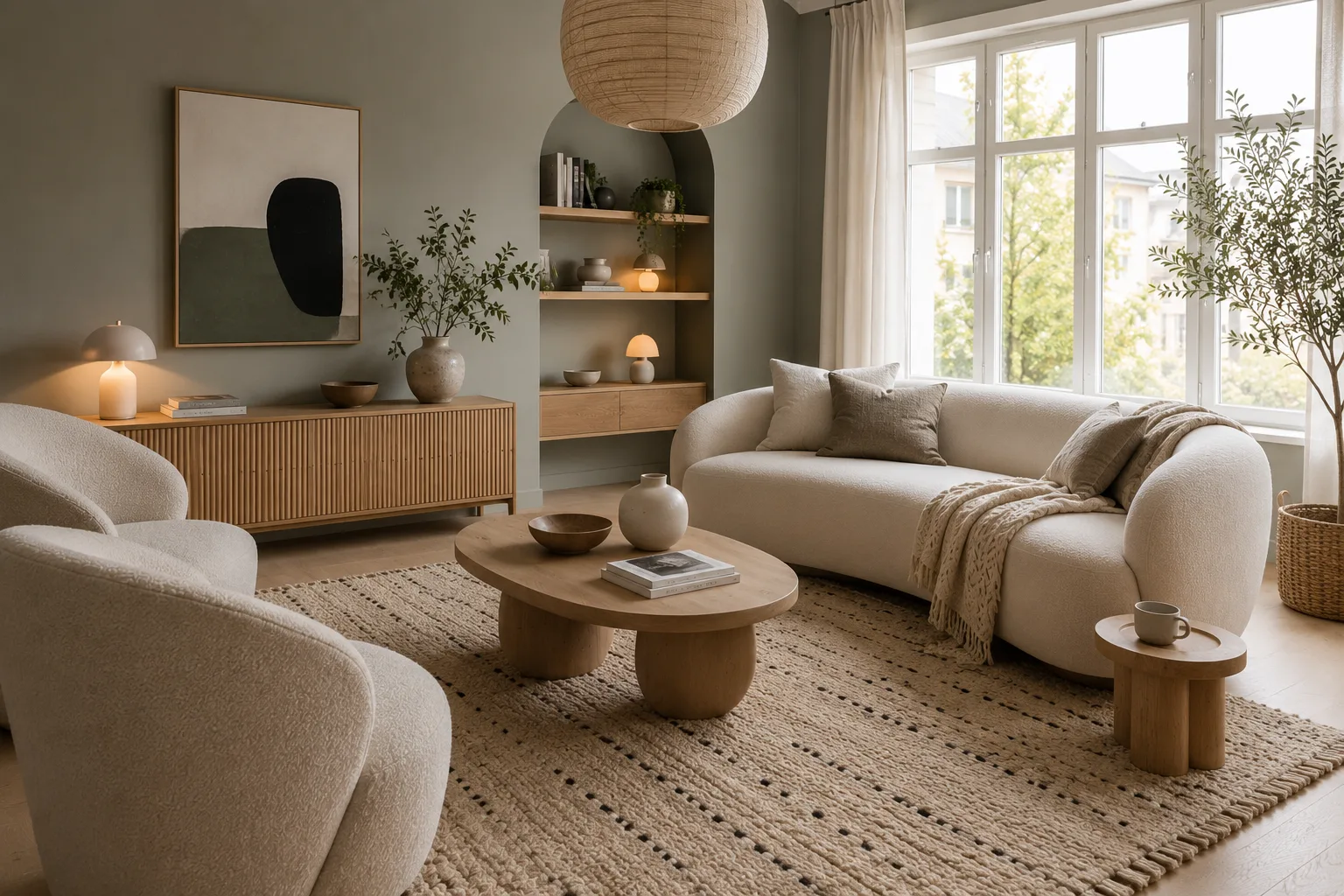 Scandinavian living room with curved cream sofa, bouclé chairs, oak coffee table, textured rug and natural wood furniture