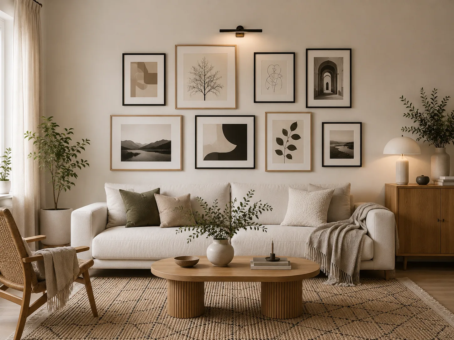 Scandinavian living room gallery wall with minimalist artwork, cream sofa, oak coffee table and neutral textured rug