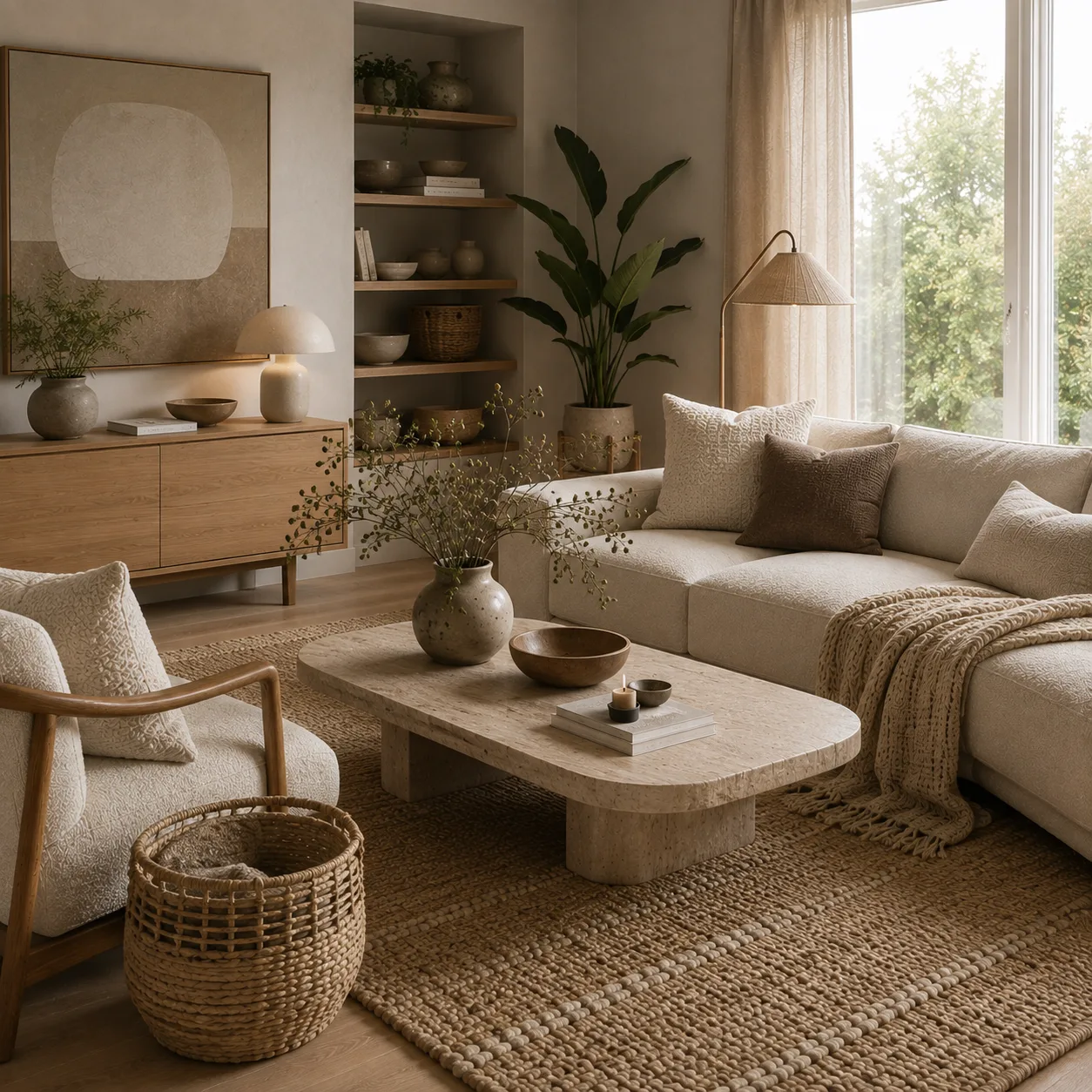 Scandinavian living room with layered warm neutral textures, cream sofa, natural stone coffee table, woven rug and oak furniture