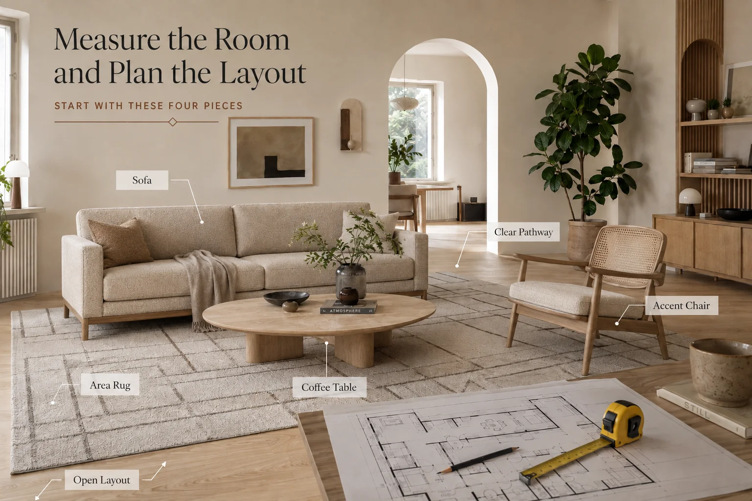 Scandinavian living room layout planning with sofa, accent chair, area rug, coffee table, clear pathways and room measurements