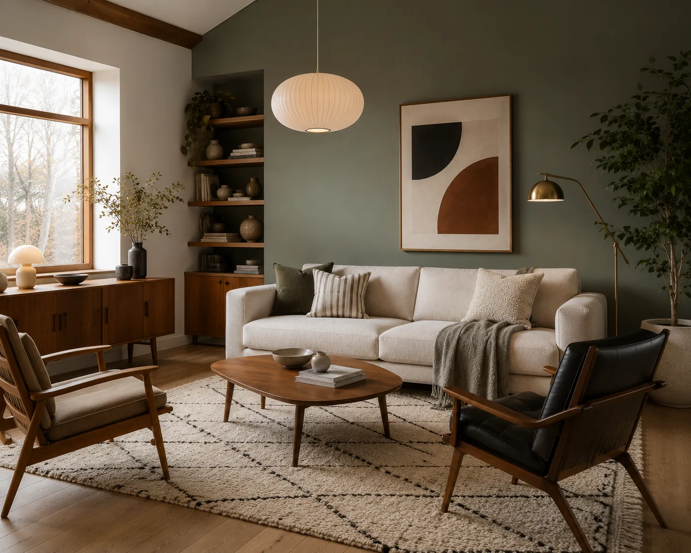 Scandinavian living room with Mid-Century Modern accents, sage green walls, walnut furniture, cream sofa and geometric wool rug