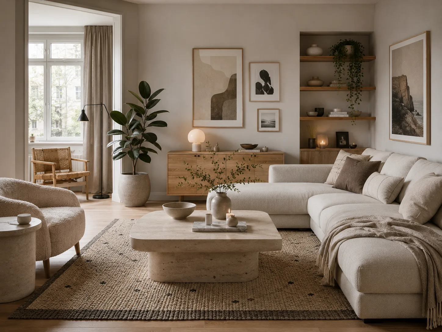 Scandinavian living room with natural stone accents, travertine coffee table, cream sectional sofa, rubber plant and oak furniture