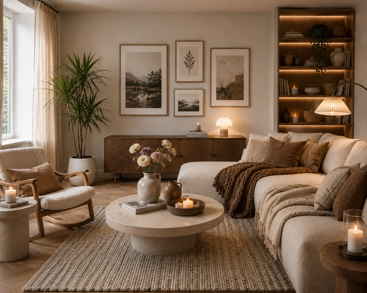 Scandinavian living room with seasonal styling, Dracaena plant, cozy wool throws, candles, neutral sofa and warm layered lighting