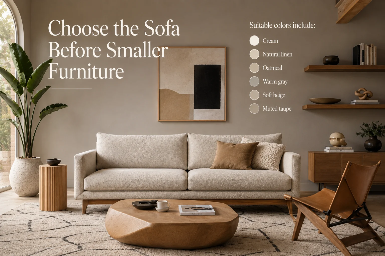 Scandinavian living room with neutral sofa color options including cream, natural linen, oatmeal, warm gray, soft beige and muted taupe