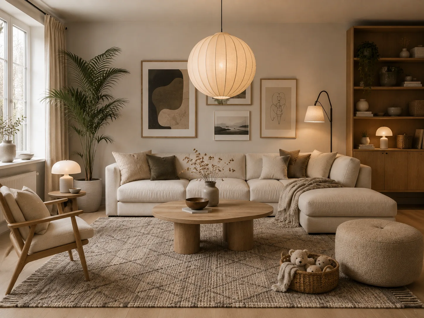 Scandinavian living room with statement pendant lighting, cream sectional sofa, Kentia palm, oak furniture and textured neutral rug