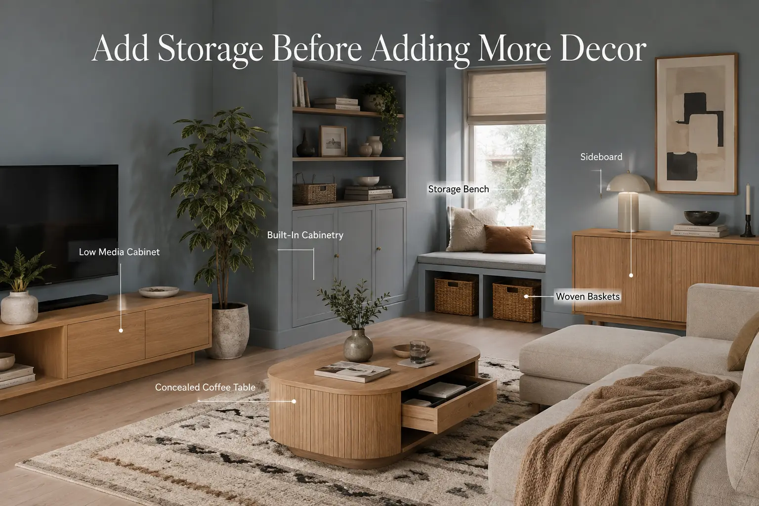 Scandinavian living room storage ideas with low media cabinet, built-in cabinetry, storage bench, woven baskets, sideboard and concealed coffee table