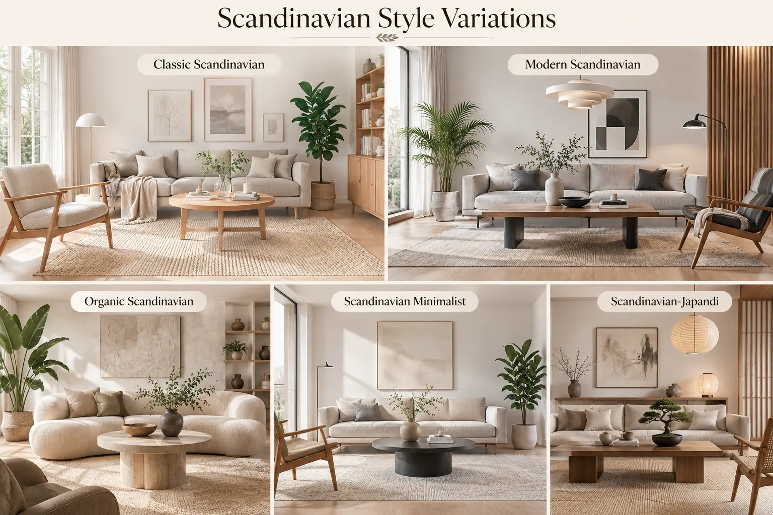 Scandinavian style variations showing classic, modern, organic, minimalist and Scandinavian-Japandi living room designs