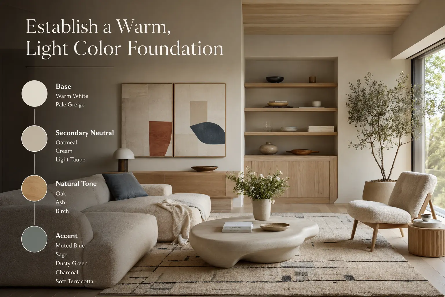 Scandinavian living room color palette with warm white, greige, oatmeal, light wood and muted accent tones