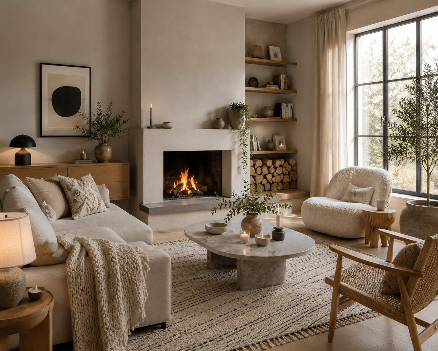 Scandinavian living room with fireplace, neutral seating, natural wood furniture, wool rug and warm layered lighting