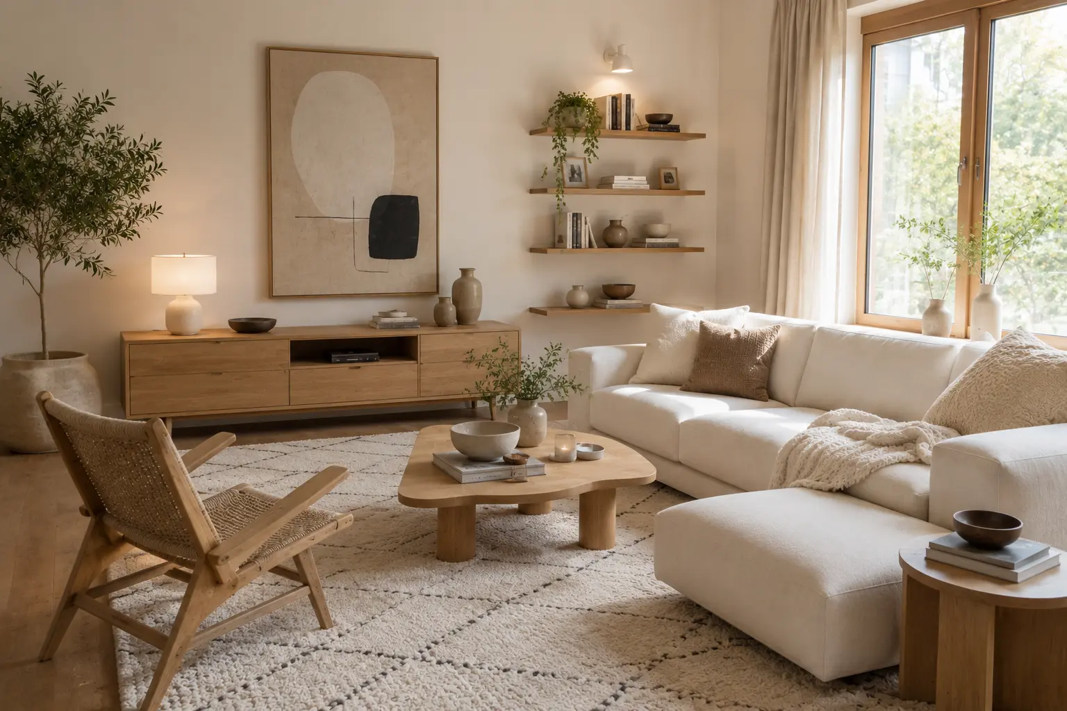Scandinavian living room with light oak furniture, white sectional sofa, woven lounge chair, wool rug and warm natural textures