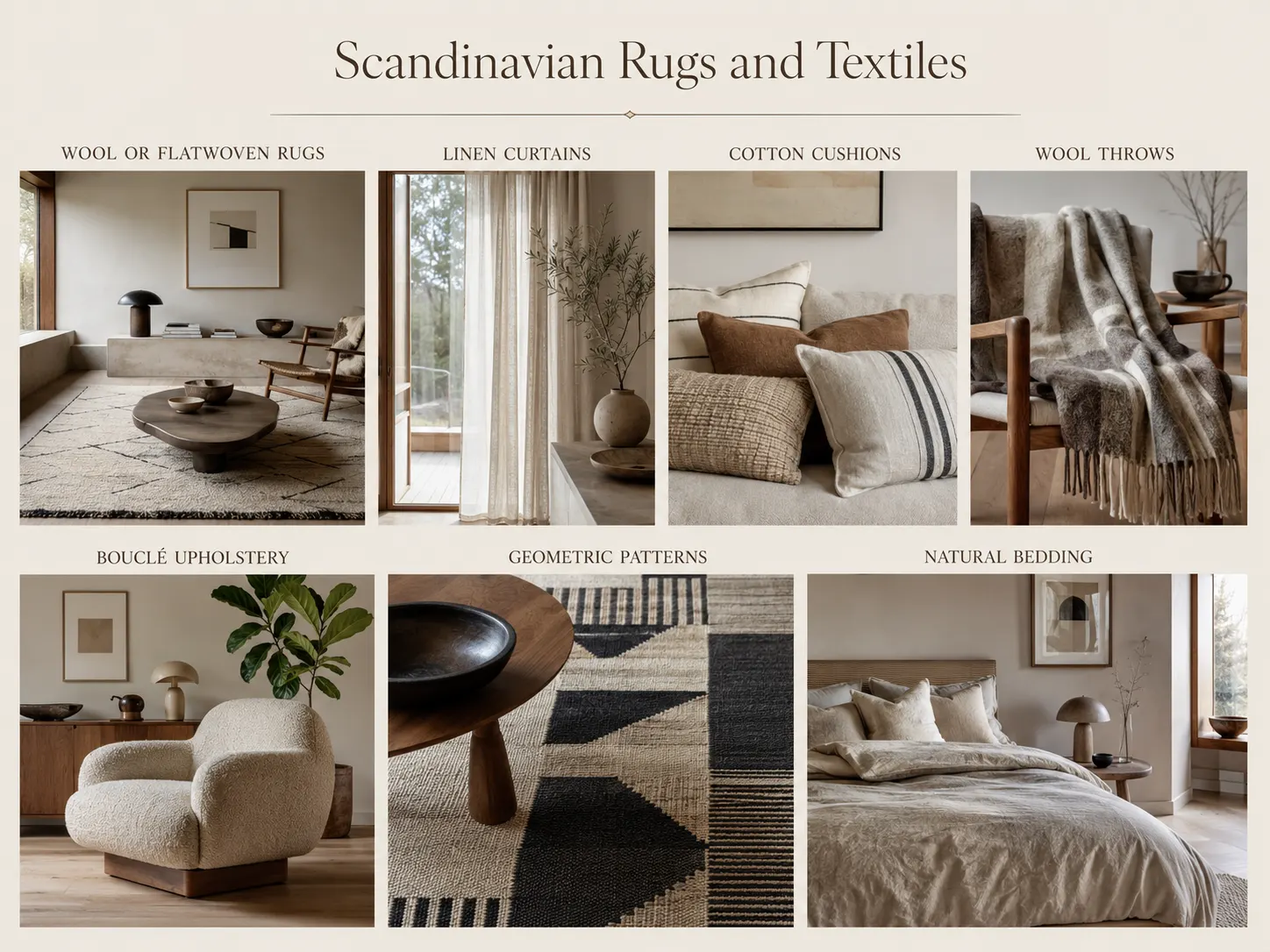 Scandinavian rugs and textiles guide featuring wool rugs, linen curtains, cotton cushions, wool throws, bouclé upholstery, geometric patterns and natural bedding
