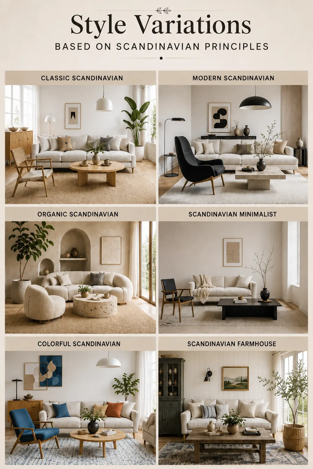 Scandinavian style variations infographic showing Classic, Modern, Organic, Minimalist, Colorful and Farmhouse Scandinavian living room designs.