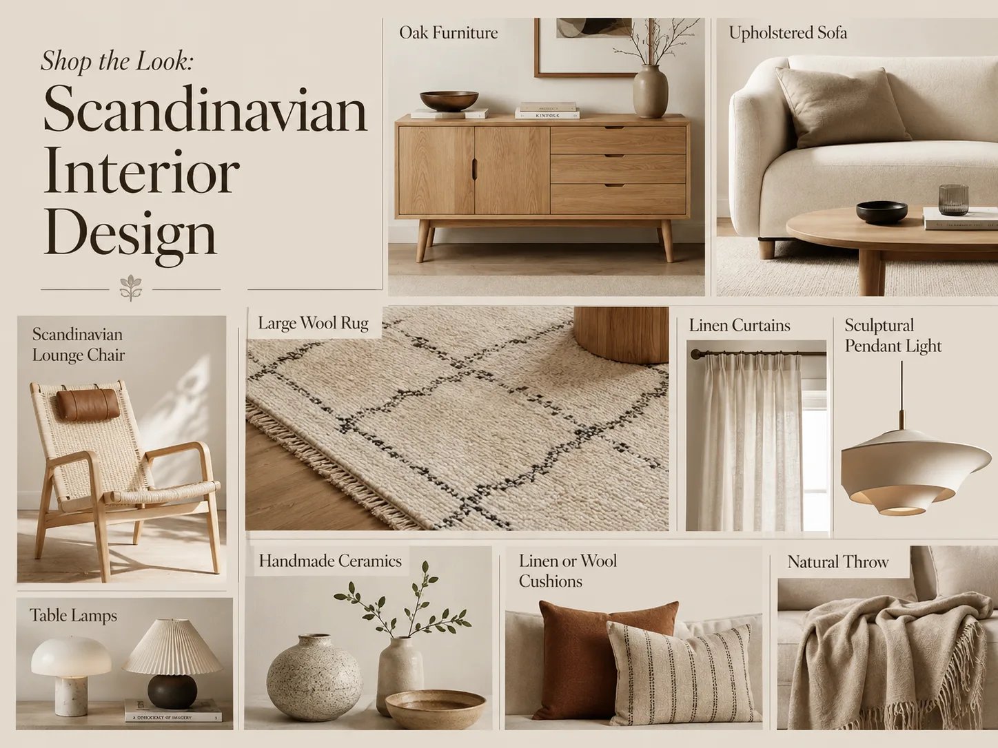 Scandinavian interior design shop the look featuring oak furniture, upholstered sofa, lounge chair, wool rug, linen curtains, pendant light, lamps, ceramics, cushions and natural throw