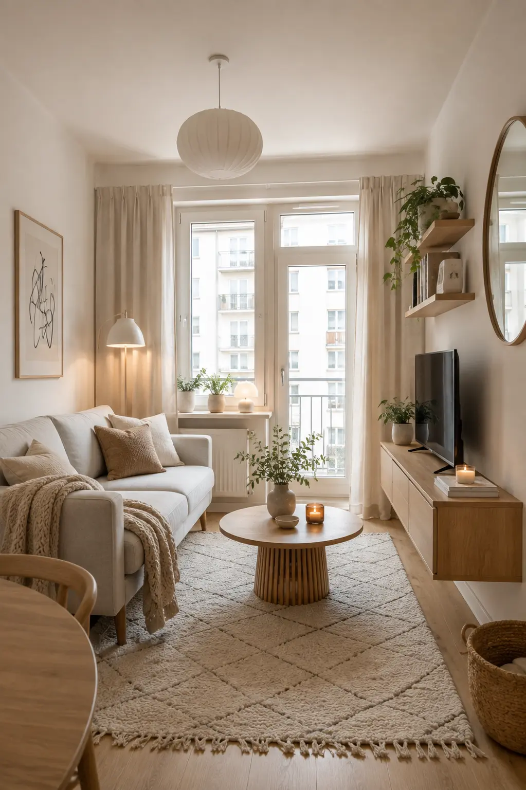 Small Scandinavian apartment living room with compact sofa, round oak coffee table, wool rug, floating TV console and natural light