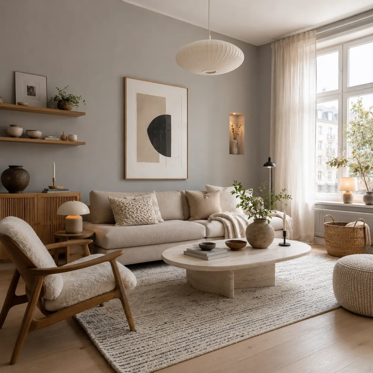 Soft gray Scandinavian living room with beige sofa, boucle lounge chair, oak furniture, textured rug and natural daylight