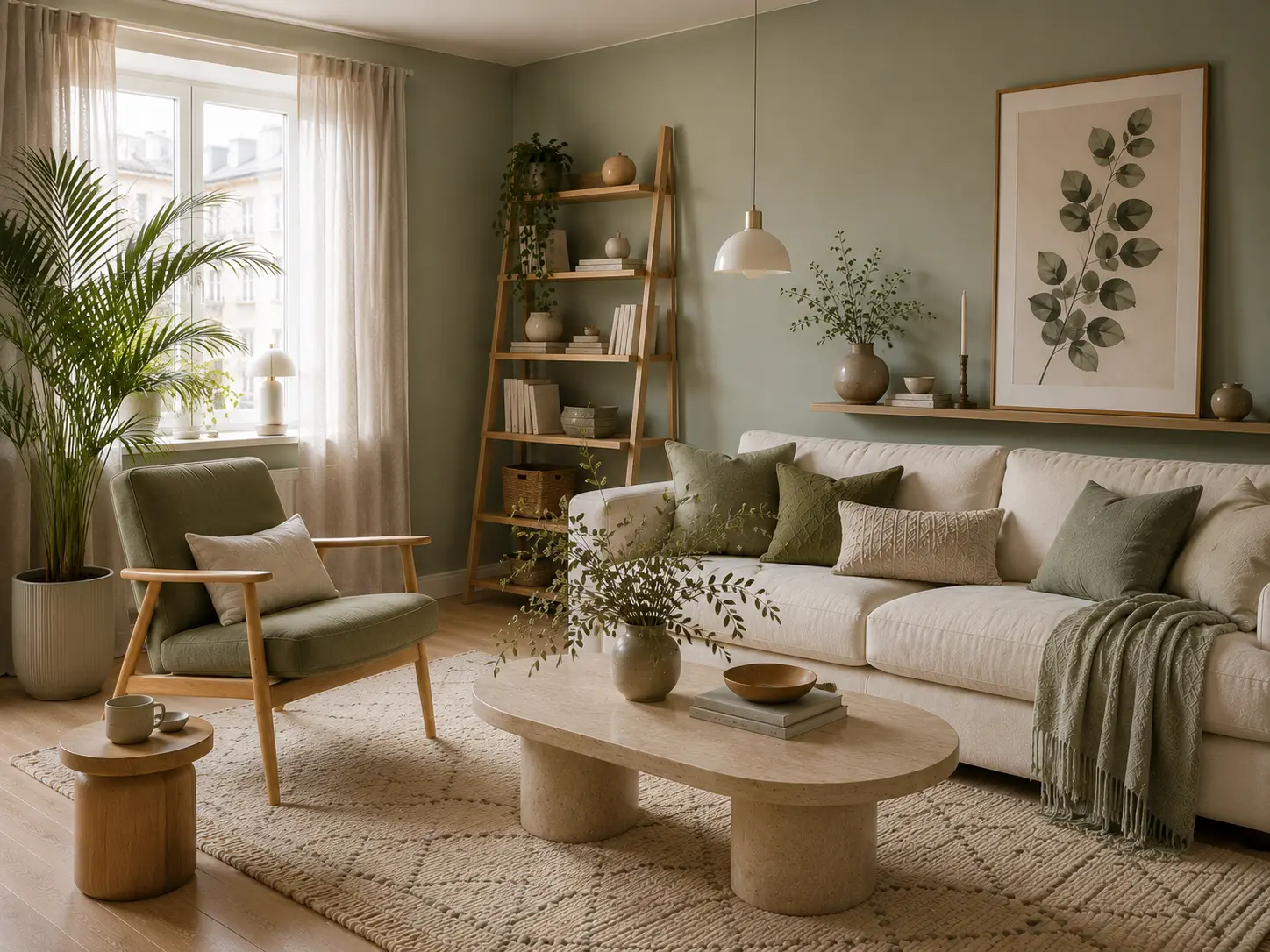 Soft green Scandinavian living room with sage accent chair, Kentia palm, cream sofa, light oak furniture and neutral wool rug