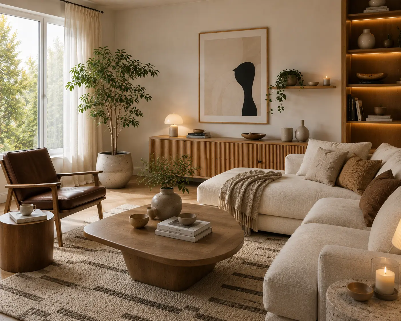 Timeless Scandinavian living room with cream sectional sofa, solid oak furniture, Schefflera plant, wool rug and warm layered lighting