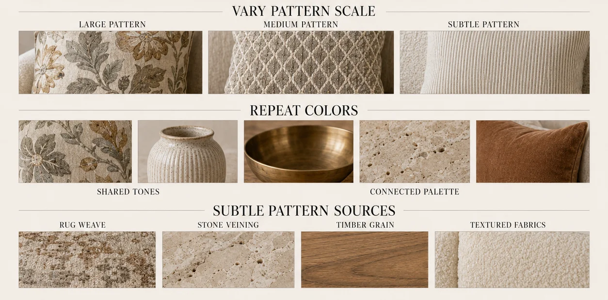 Interior design pattern infographic showing how to vary pattern scale, repeat colors and use subtle pattern sources such as rug weave, stone veining, timber grain and textured fabrics