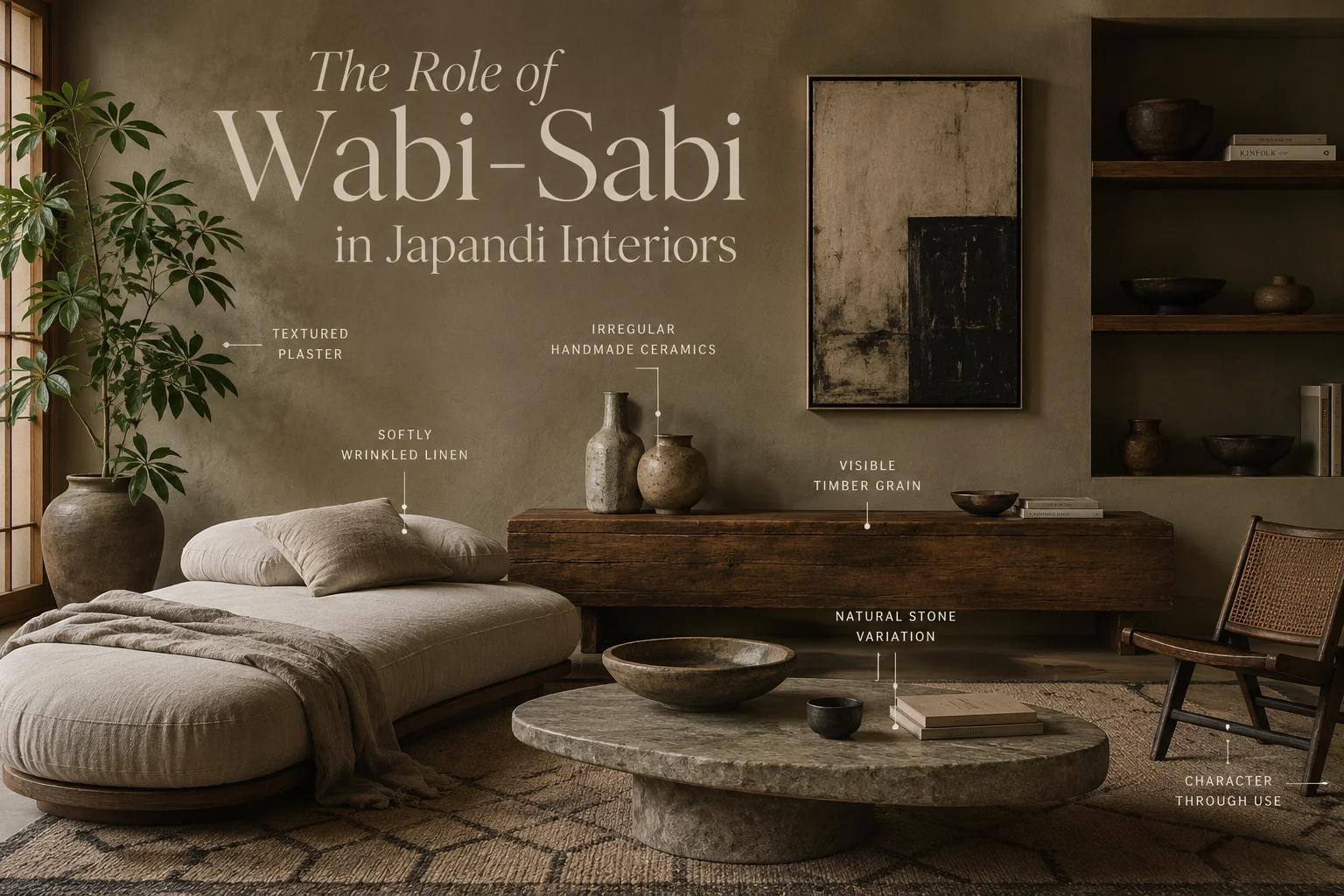 A side-by-side comparison of Japandi and minimalist living rooms, highlighting Japandi’s warm wood, natural textures and handcrafted details alongside minimalism’s cleaner lines, lighter palette and stronger emphasis on visual reduction.
