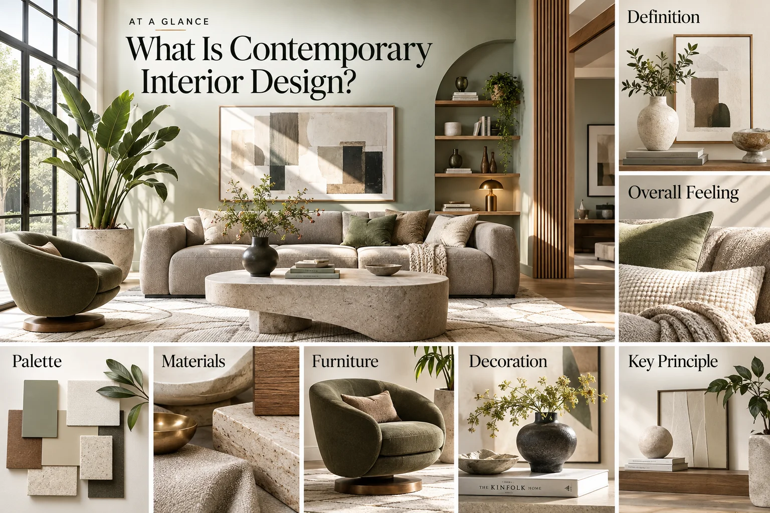 Contemporary interior design living room with warm neutrals, sculptural furniture, natural materials and modern decor