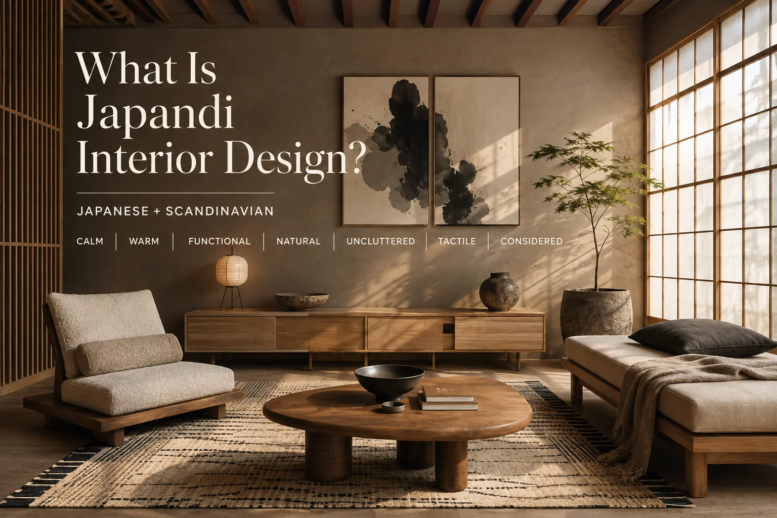Japandi interior design living room blending Japanese and Scandinavian style with natural wood, low-profile furniture, shoji-style windows and warm neutral tones