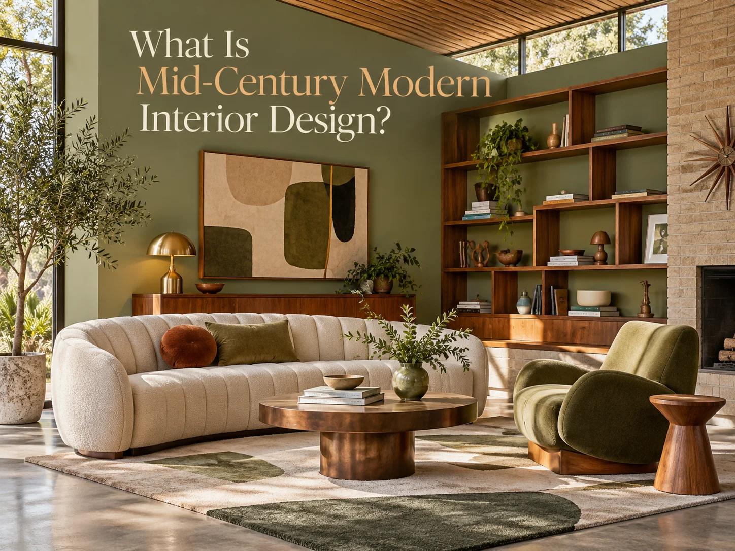 Bright Mid-Century Modern living room with curved sofa, olive accent chair, walnut shelving, abstract art and indoor plants