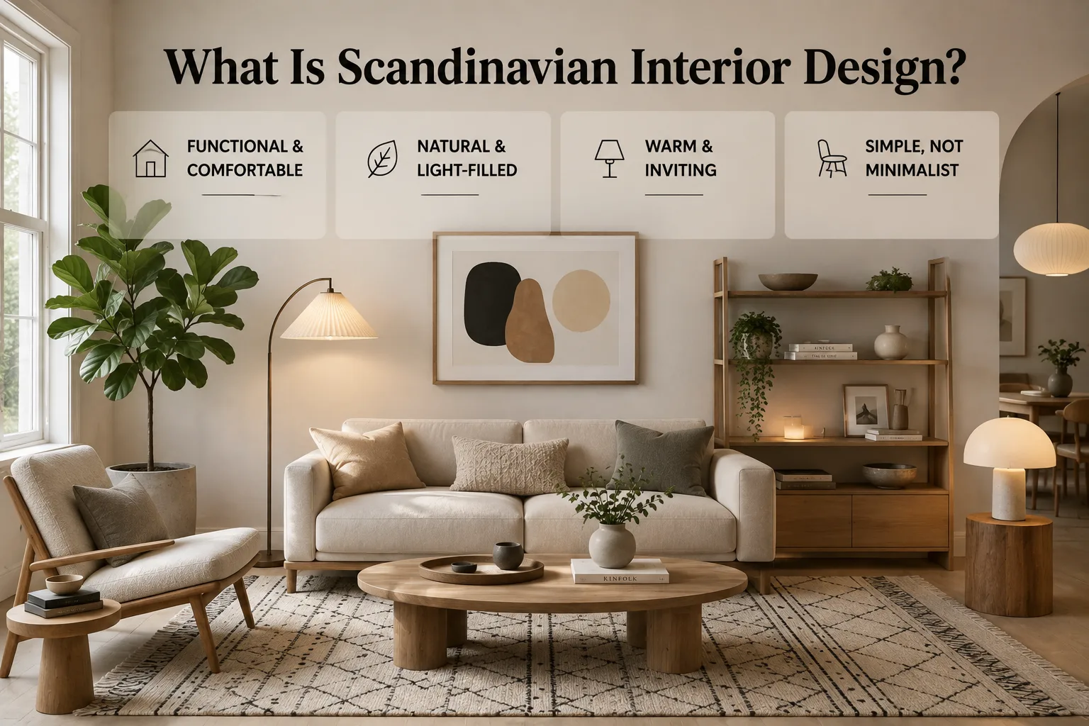 Scandinavian interior design living room with natural wood furniture, warm lighting, neutral colors and functional cozy decor