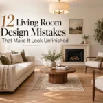 12 living room design mistakes that make a space look unfinished, shown in a bright neutral living room with an undersized rug, awkward furniture spacing, limited lighting and high-hung artwork