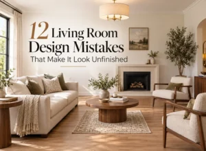 12 living room design mistakes that make a space look unfinished, shown in a bright neutral living room with an undersized rug, awkward furniture spacing, limited lighting and high-hung artwork