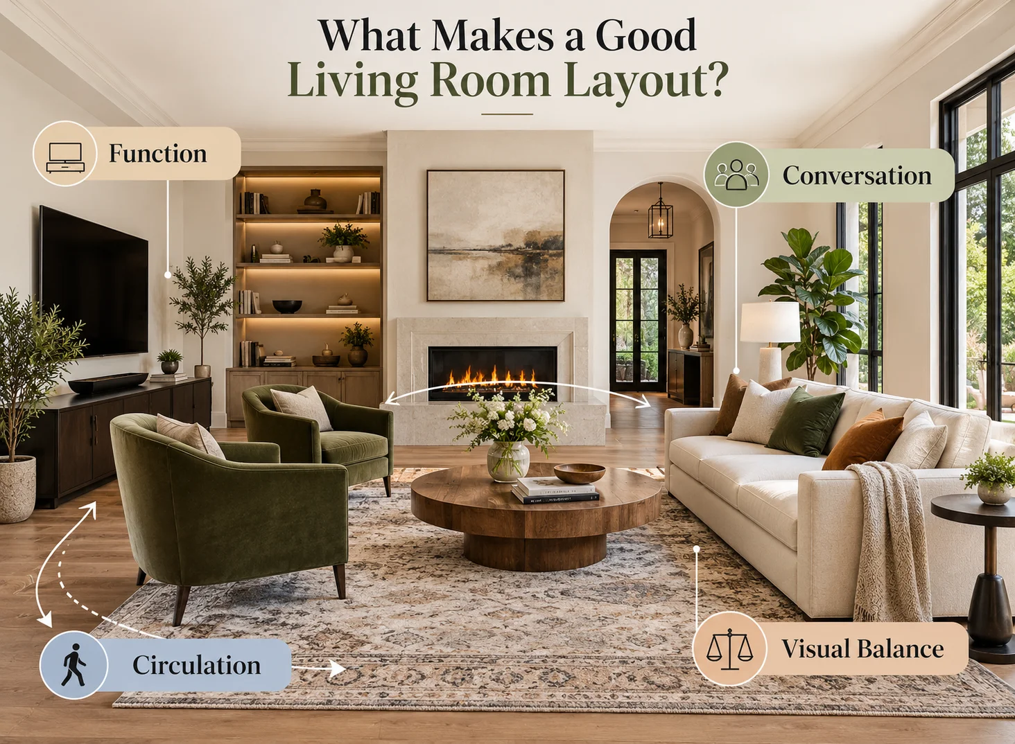 Good living room layout showing balanced furniture placement for function, conversation, circulation and visual balance