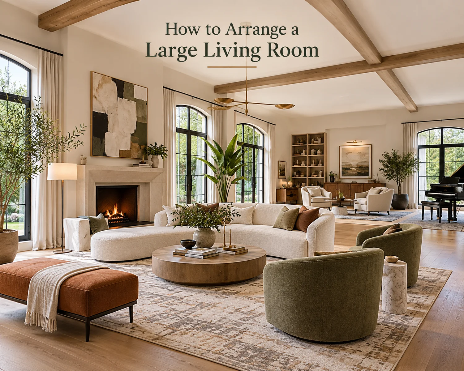 Large living room layout with floating curved sofa, lounge chairs, area rug and secondary seating zone