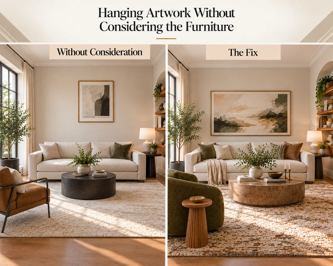 Living room artwork placement mistake showing small disconnected wall art above a sofa beside correctly scaled artwork aligned with the furniture