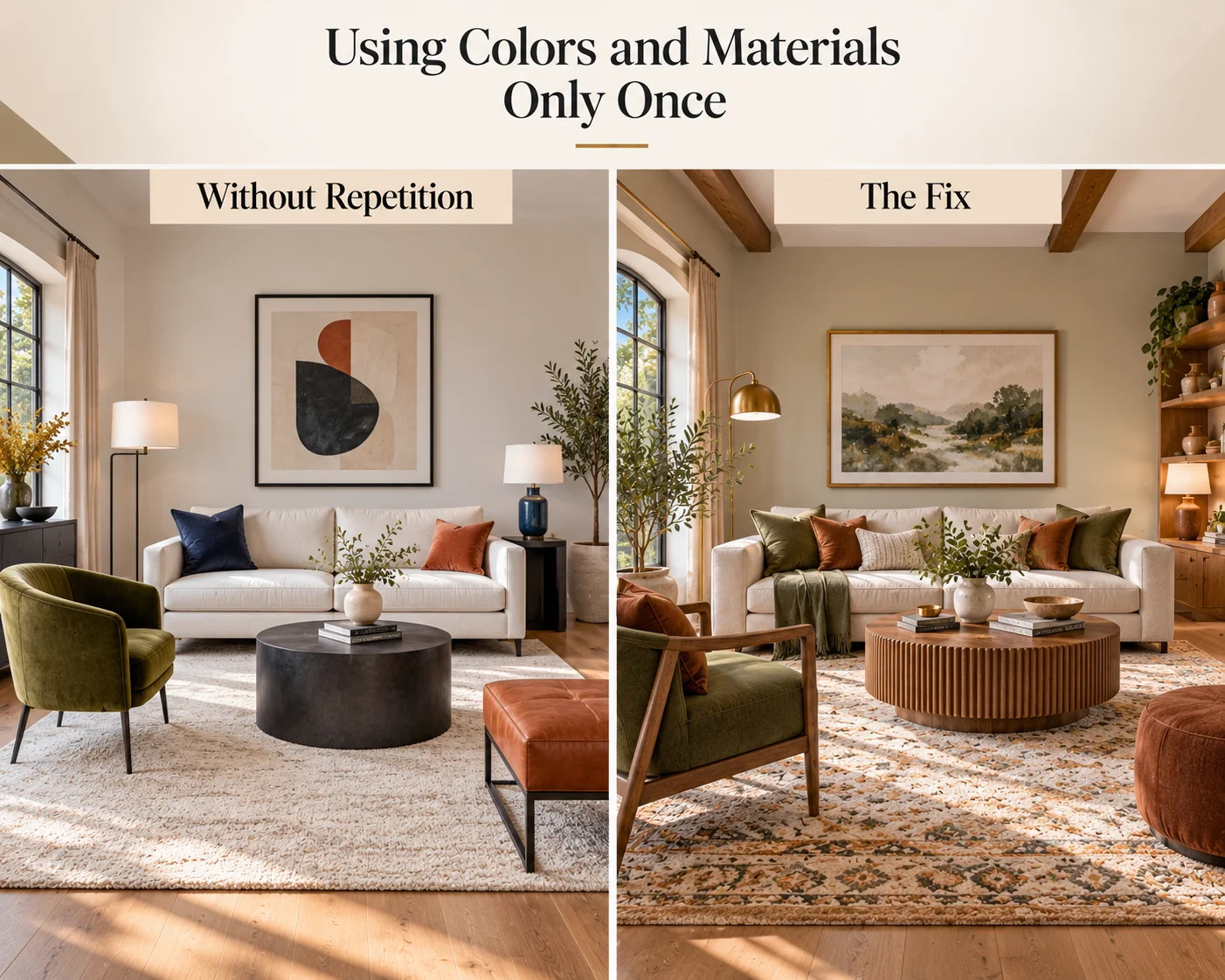 Living room color and material repetition mistake showing isolated accent colors and finishes beside a cohesive room with repeated olive, terracotta, wood and brass elements