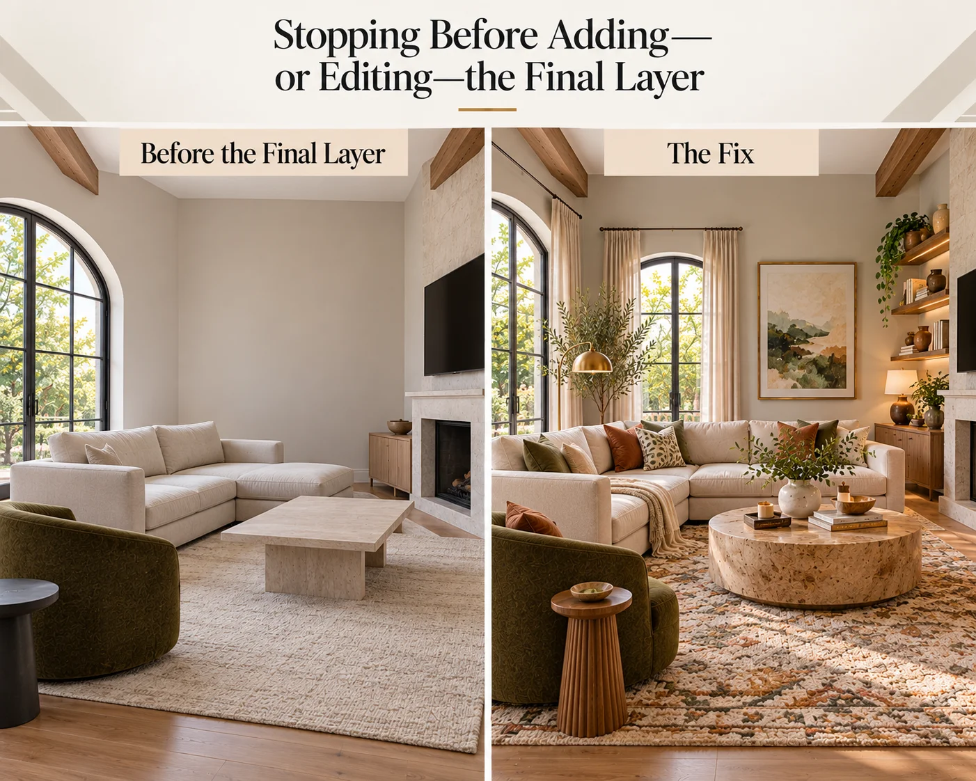 Living room final styling mistake showing a basic furnished space beside a finished room with artwork, layered lighting, greenery, textiles, books and edited decor