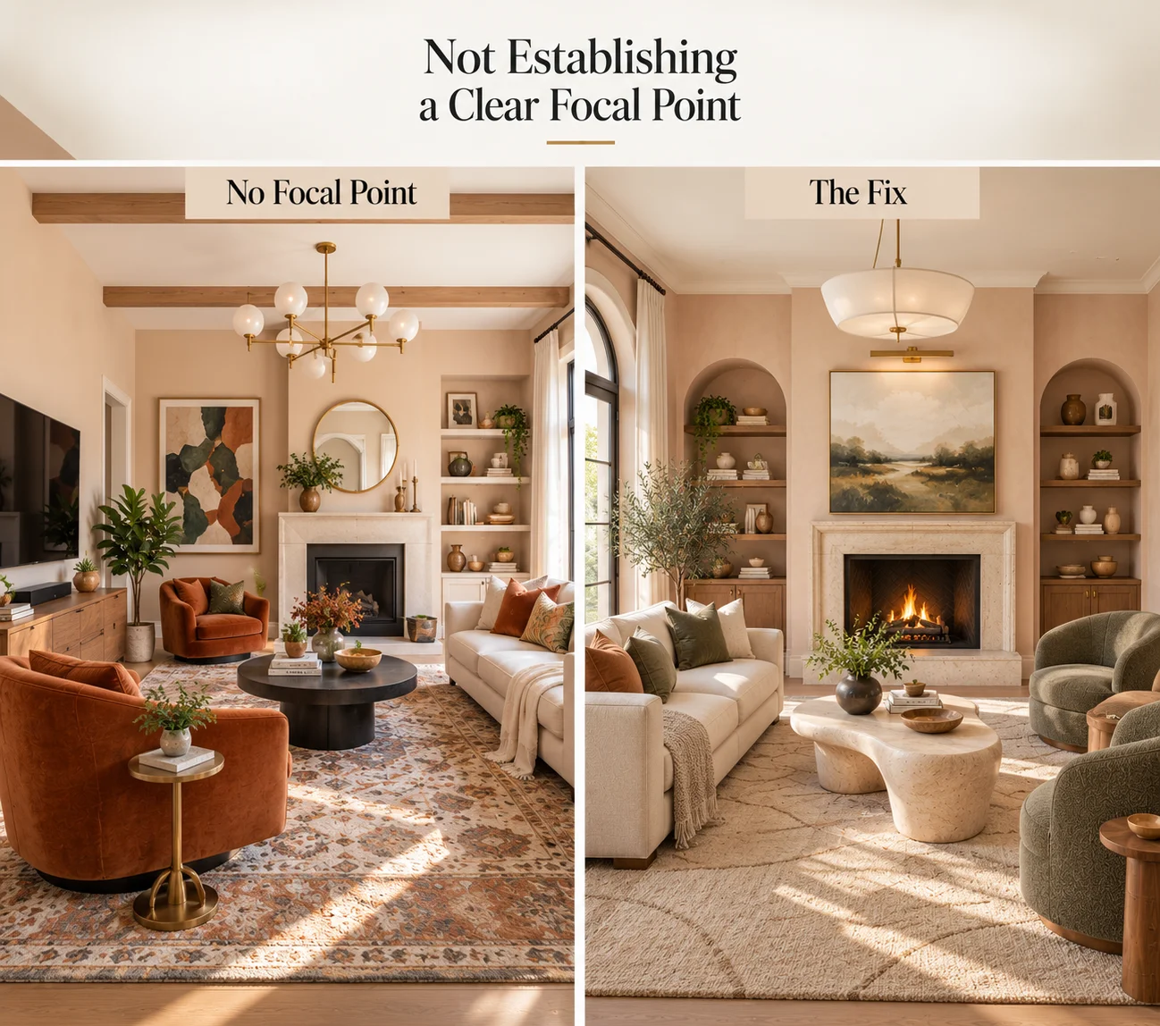 Living room focal point mistake showing a visually competing layout beside a balanced room centered around a clear fireplace focal point
