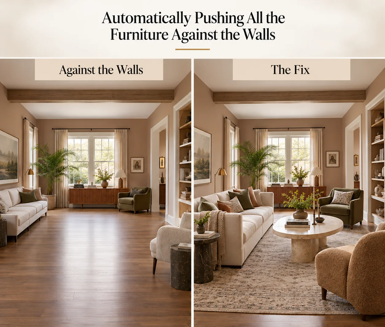 Living room furniture placement mistake showing seating pushed against the walls beside a better layout with furniture pulled inward to create a cohesive conversation area