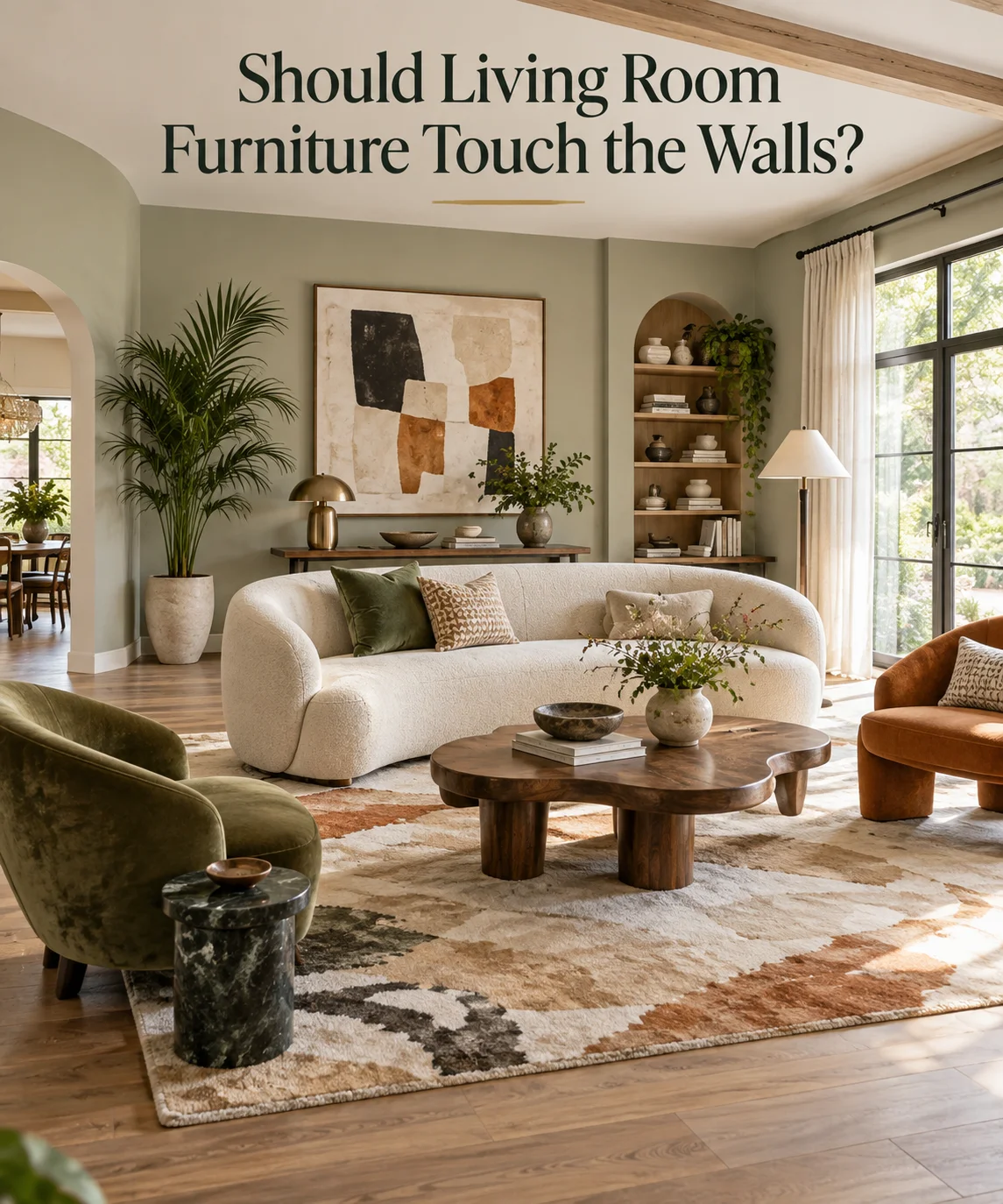 Living room with floating sofa and accent chairs positioned away from the walls to create a defined conversation area