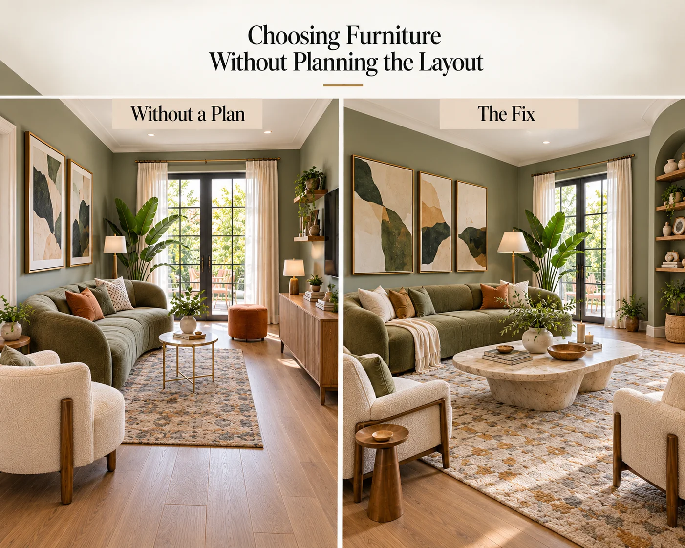 Living room furniture layout mistake showing an awkward unplanned arrangement beside a balanced seating layout with clear circulation and properly placed furniture