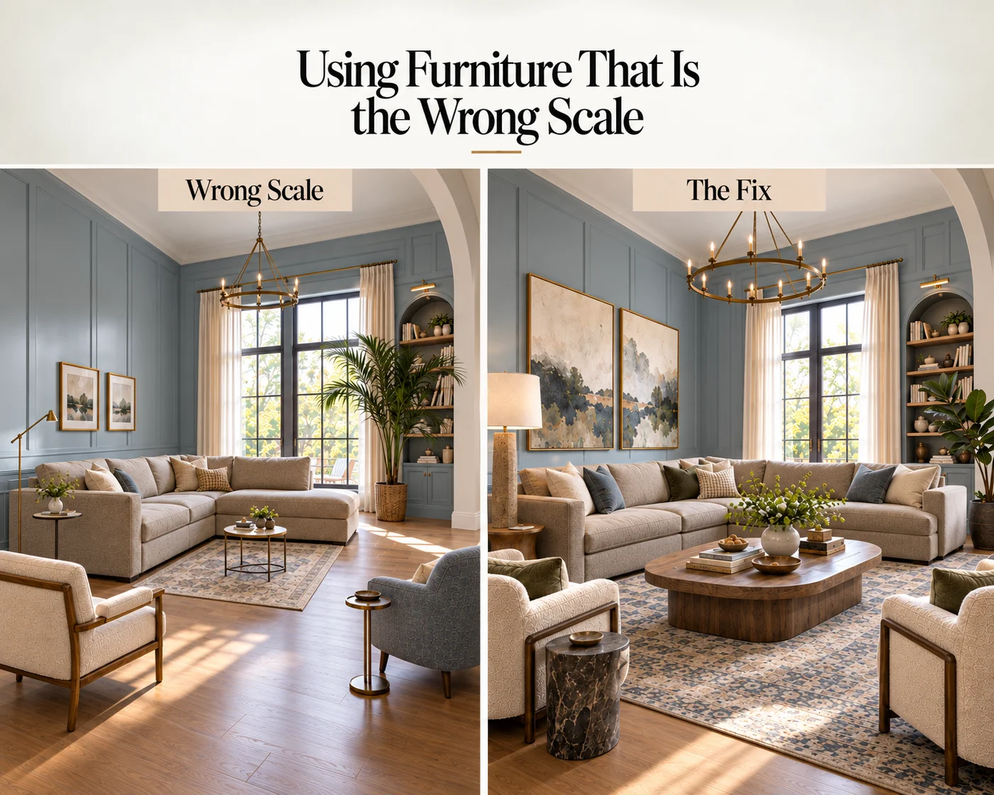 Living room furniture scale mistake showing an oversized sectional with undersized tables and artwork beside a balanced furniture arrangement with properly proportioned decor