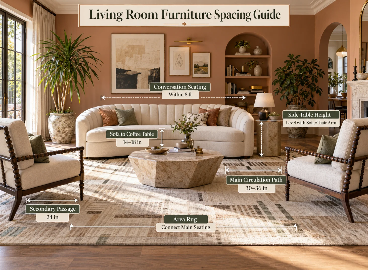 Living room furniture spacing guide showing recommended distances for sofas, coffee tables, seating, rugs and circulation paths