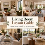 Living room layout guide showing furniture arrangements for square, rectangular, long narrow and open-plan room shapes
