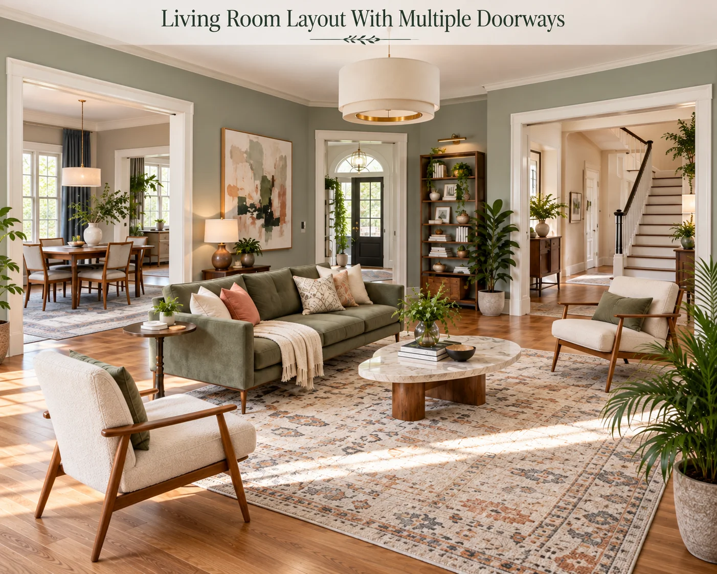 Living room layout with multiple doorways showing clear circulation paths around a sofa, accent chairs and central seating area