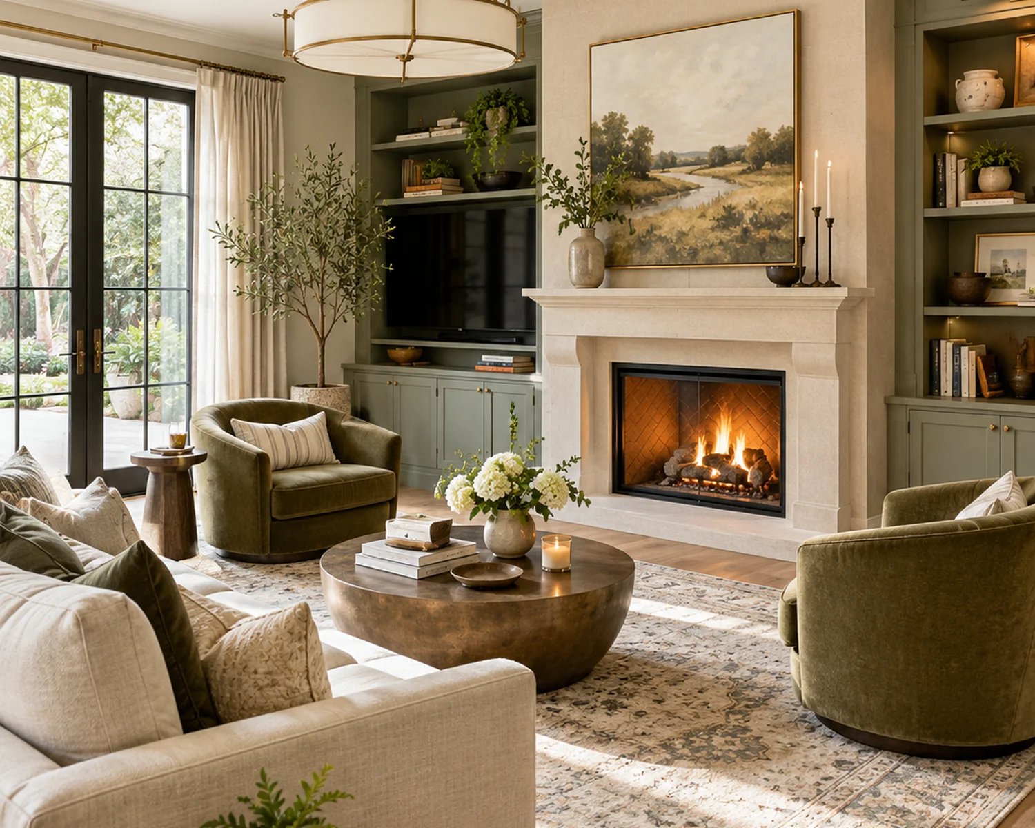 Living room layout with fireplace showing sofa placement, swivel chairs, area rug and balanced seating around the focal point