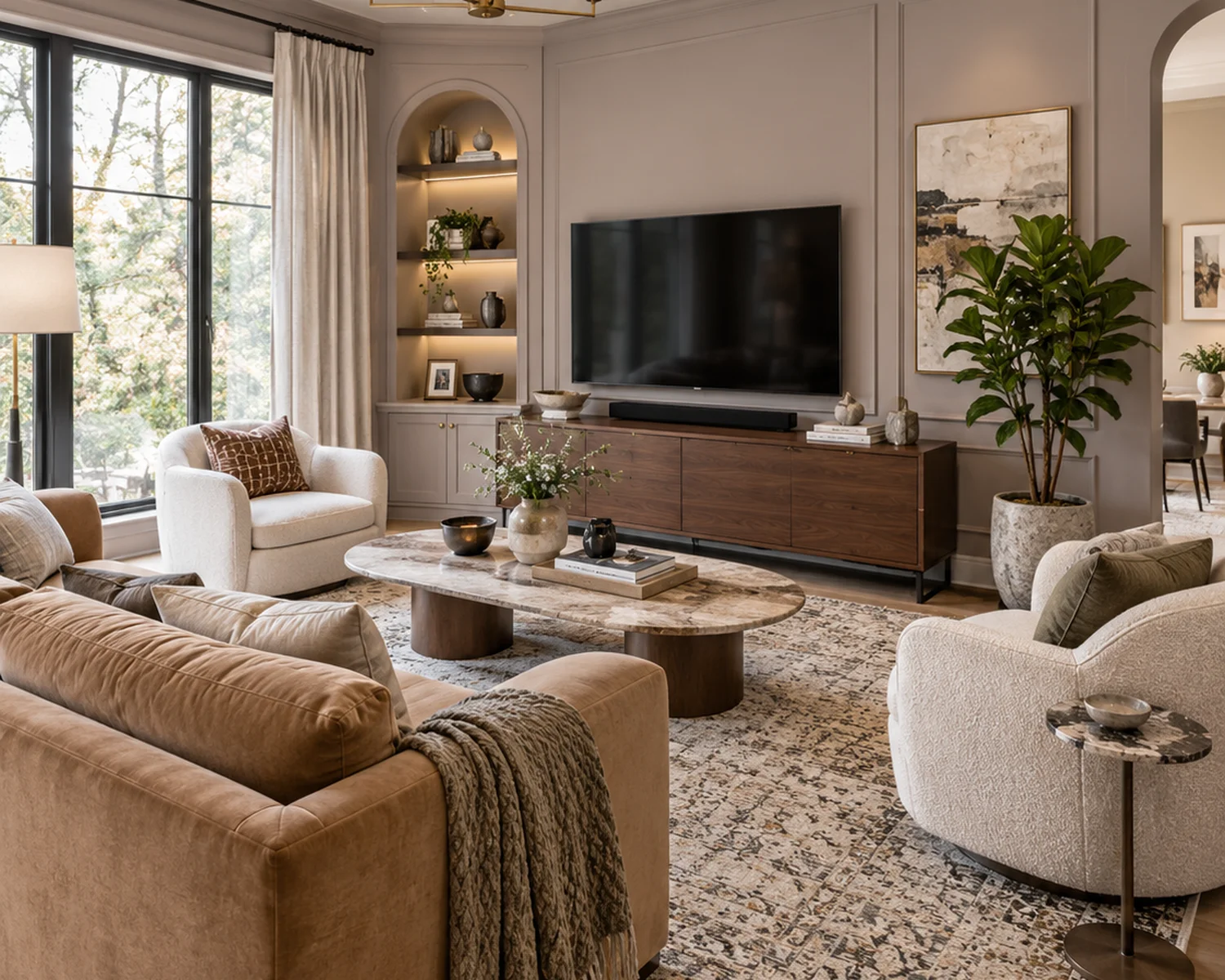 Living room layout with TV showing sofa placement, angled accent chairs, coffee table and clear viewing arrangement