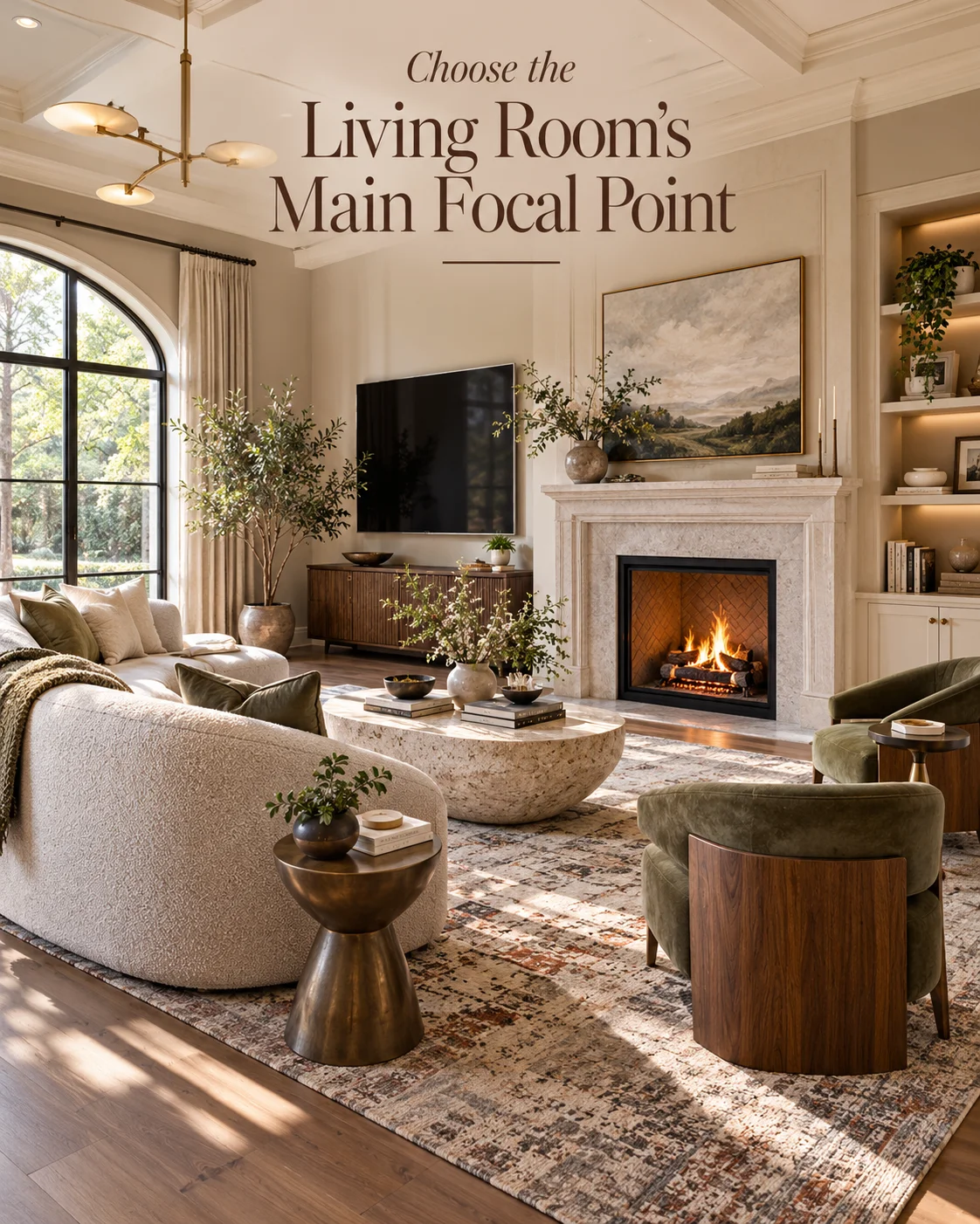 Living room furniture arranged around a main focal point with fireplace, television, window and angled seating